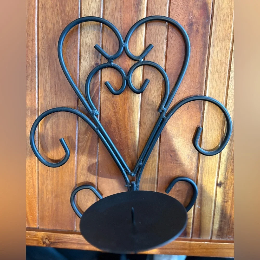 2 Black Wrought Iron Scroll Heart Metal Wall Sconce Pillar Candle Holders